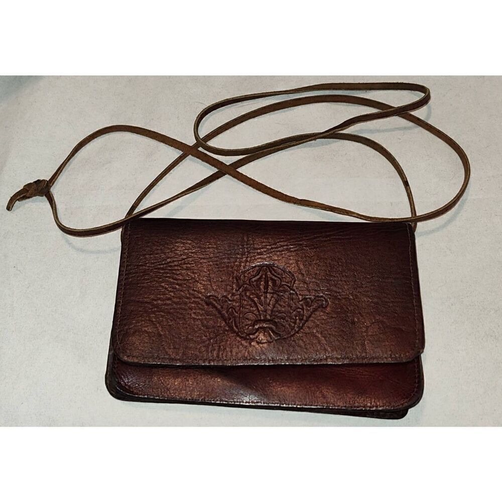 Leather Crossbody Mini hand bag brown 4" x 6". Shoulder strap 22" Made in Haiti